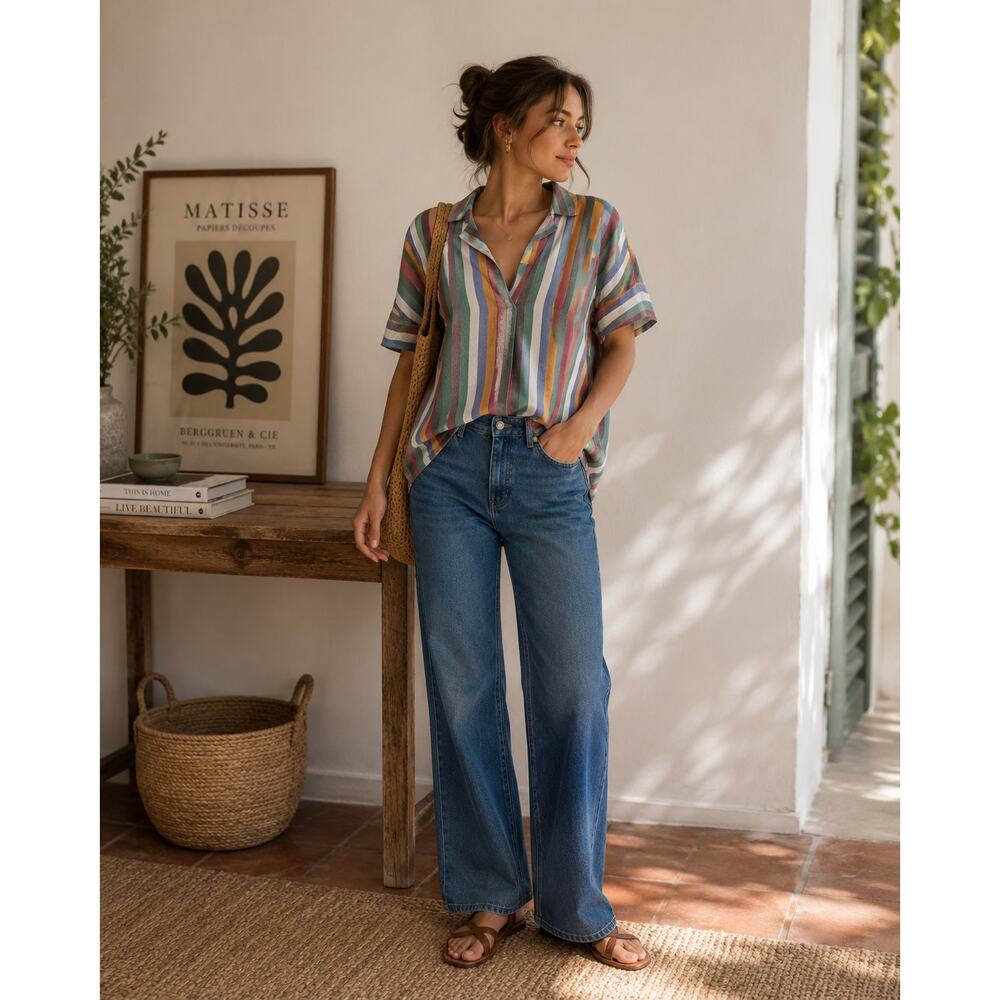 Madewell Coastal Grandmother Popover Blouse Women Medium Boxy Stripe French Girl